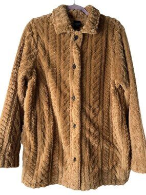 Cuddl Duds Faux Fur Teddy Jacket Camel Tan Textured Button Front Size Large